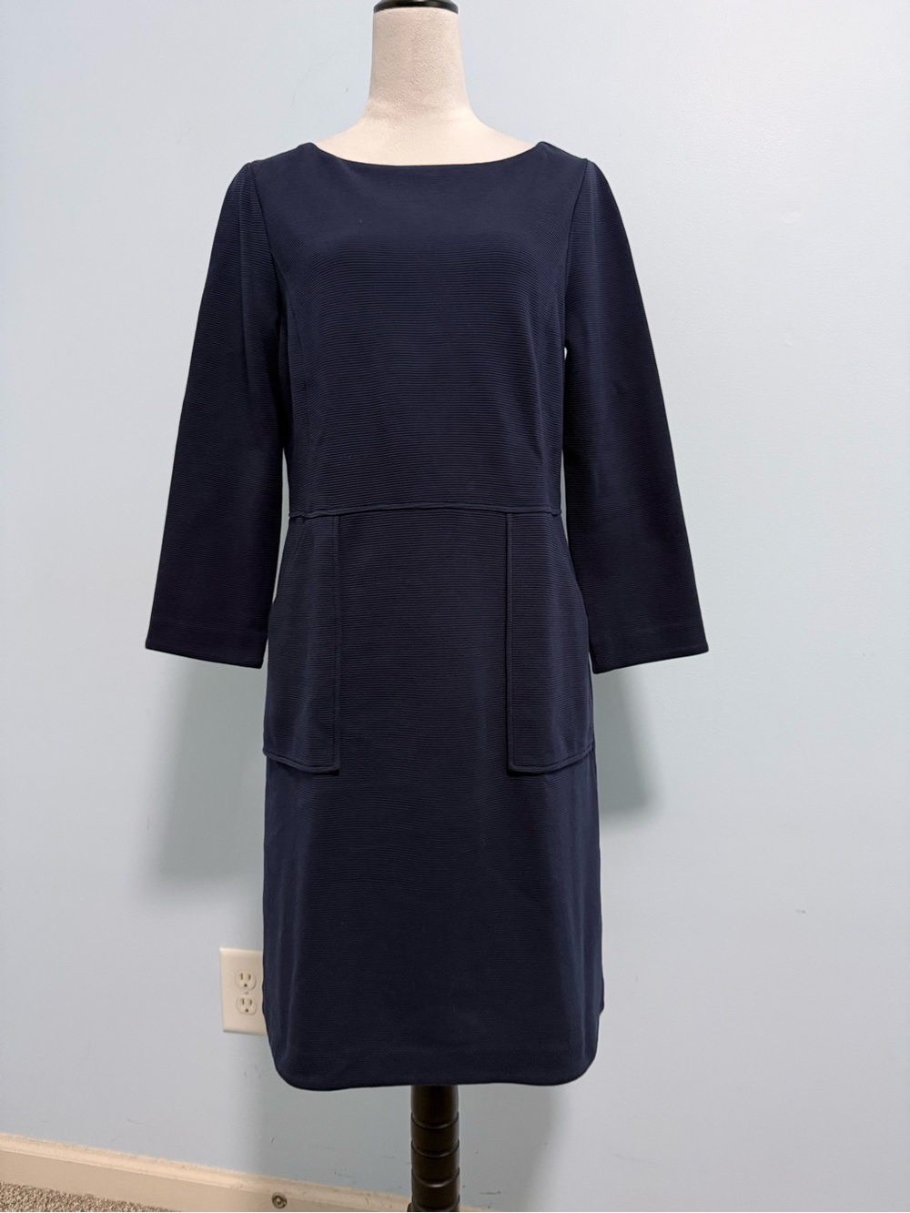 Boden Women's 3/4 Sleeve Side Pockets textured Navy Dress Size 10R(UK 14 R)